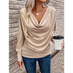 Women's V-neck Pile Collar Solid Color Knitted Long Sleeve Loose T-shirt
