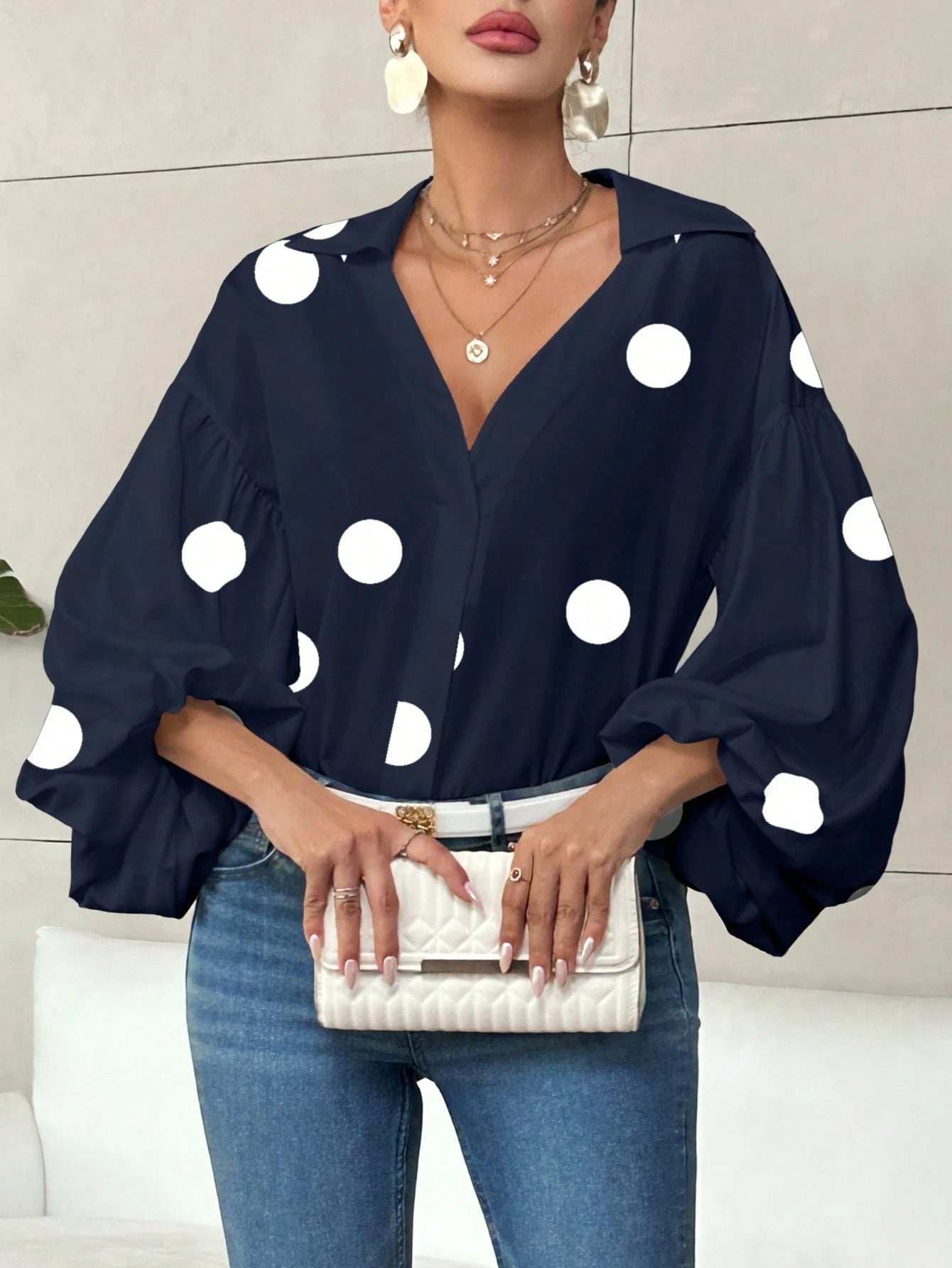 Niche Fashionable French Polka Dot Half-open Collar Design Loose Bubble Long Sleeve Top