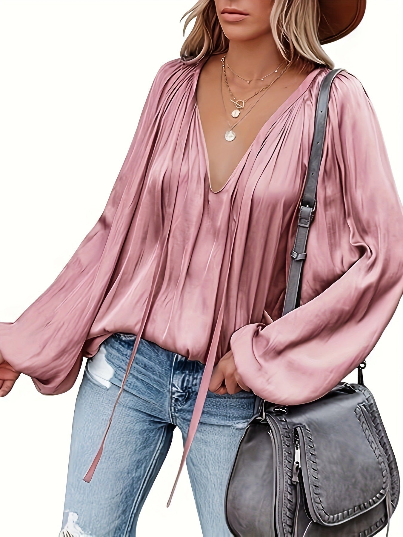 Women's Satin V-neck Long Sleeve Shirt Casual