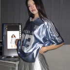 Retro V-neck Splicing Letter Print Short-sleeve