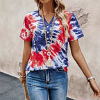 Women's Top V-neck Buttons Tie-dye Printing