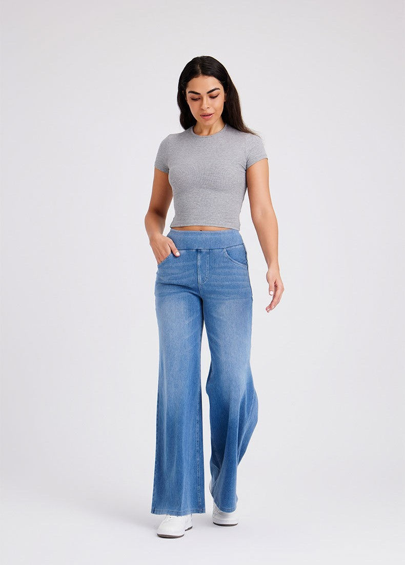 New Plus Size Women's High Waist Flared Jeans With Multiple Pockets, Straight Loose Fit, Distressed Casual Denim Pants