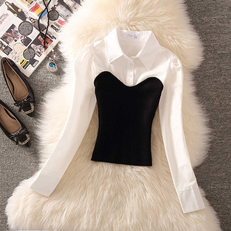 Women's Black And White Contrast Color Knitted Stitching Fake Two Pieces Shirts